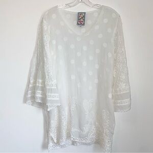 Johnny Was White Polka Dot Lace Embroidered Tunic Top